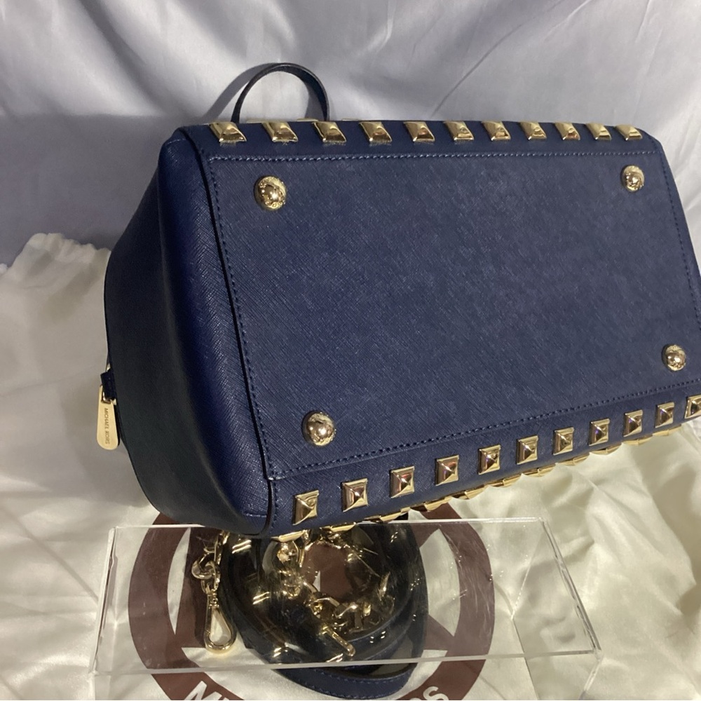MICHAEL Kors Navy Blue Gold Studded Leather Grayson Satchel with Long Strap - Picture 8 of 13